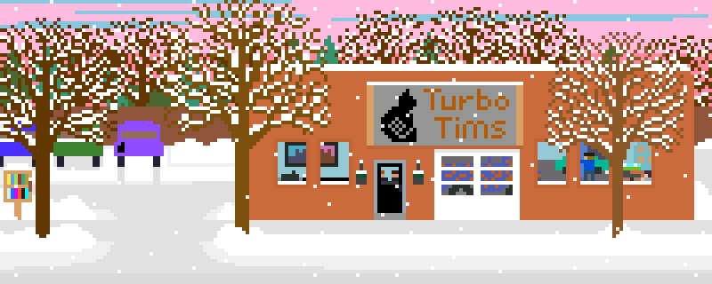 Pixel MPLSNE Winter Thin 12-23-2024 cute animated pixel art of turbo tim's minneapolis northeast shop with snow falling, people working inside and a red car driving past