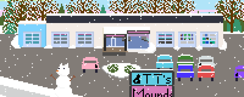 Pixel MV Winter Thin 12-23-24 cute animated pixel art of Turbo tim's mounds view location with snow falling and a snowman cat waving