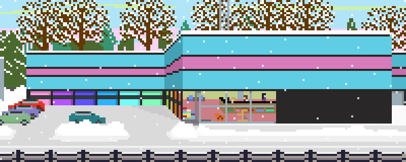 Pixel STPLMW Winter Thin 12-23-2024 cute animated pixel art of the saint paul midway turbo tim's shop. snow is falling and a red car and the light rail go by in the foreground